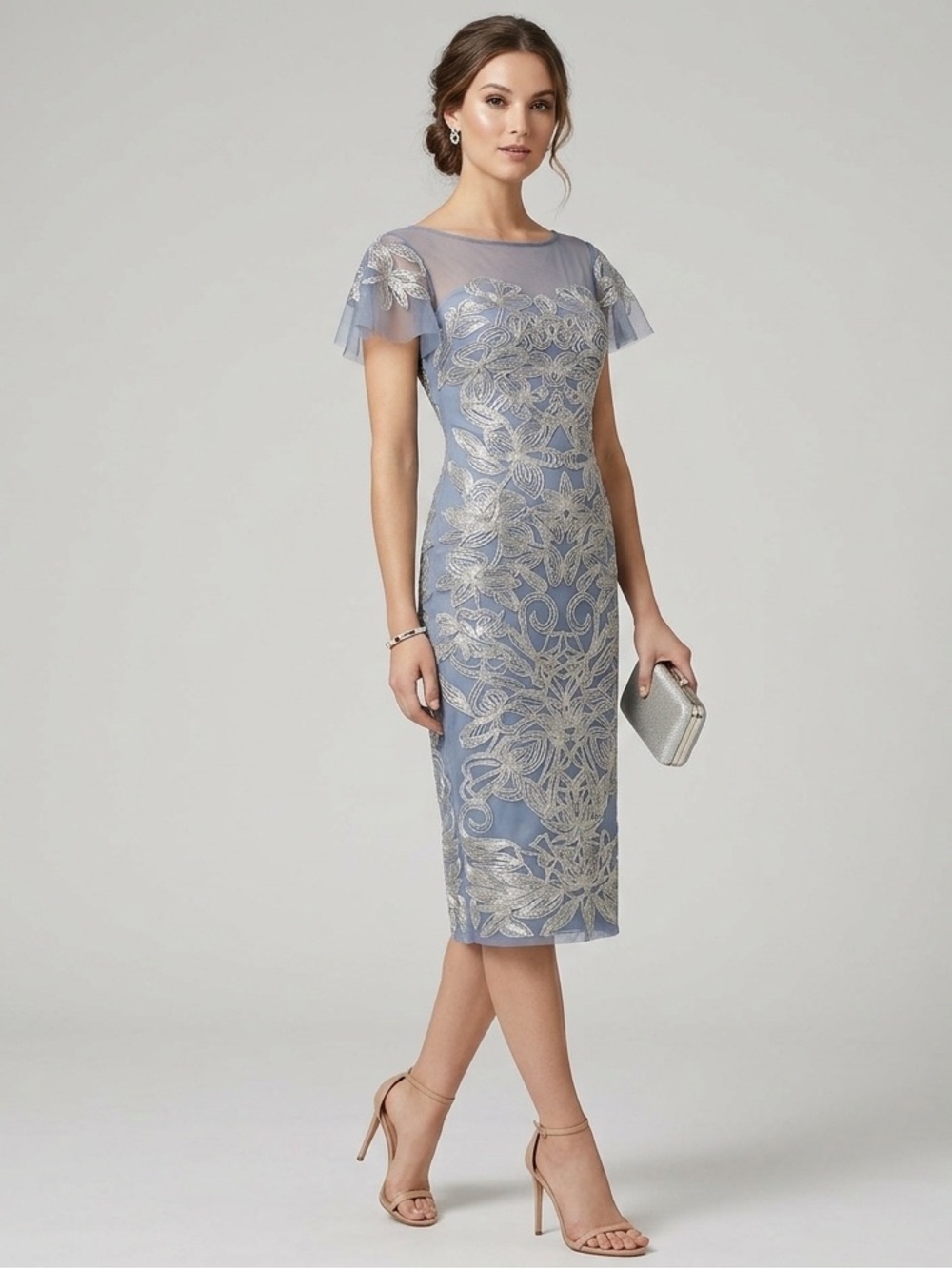 JS Collections Metallic Embroidered Soutache Cocktail Dress Sz 4 Illusion Silver